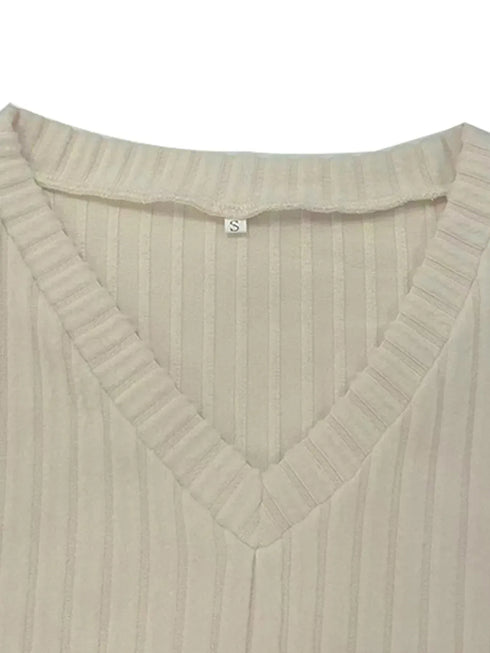 Fashorio Ribbed Knit V-Neck Top and Pants Lounge Set