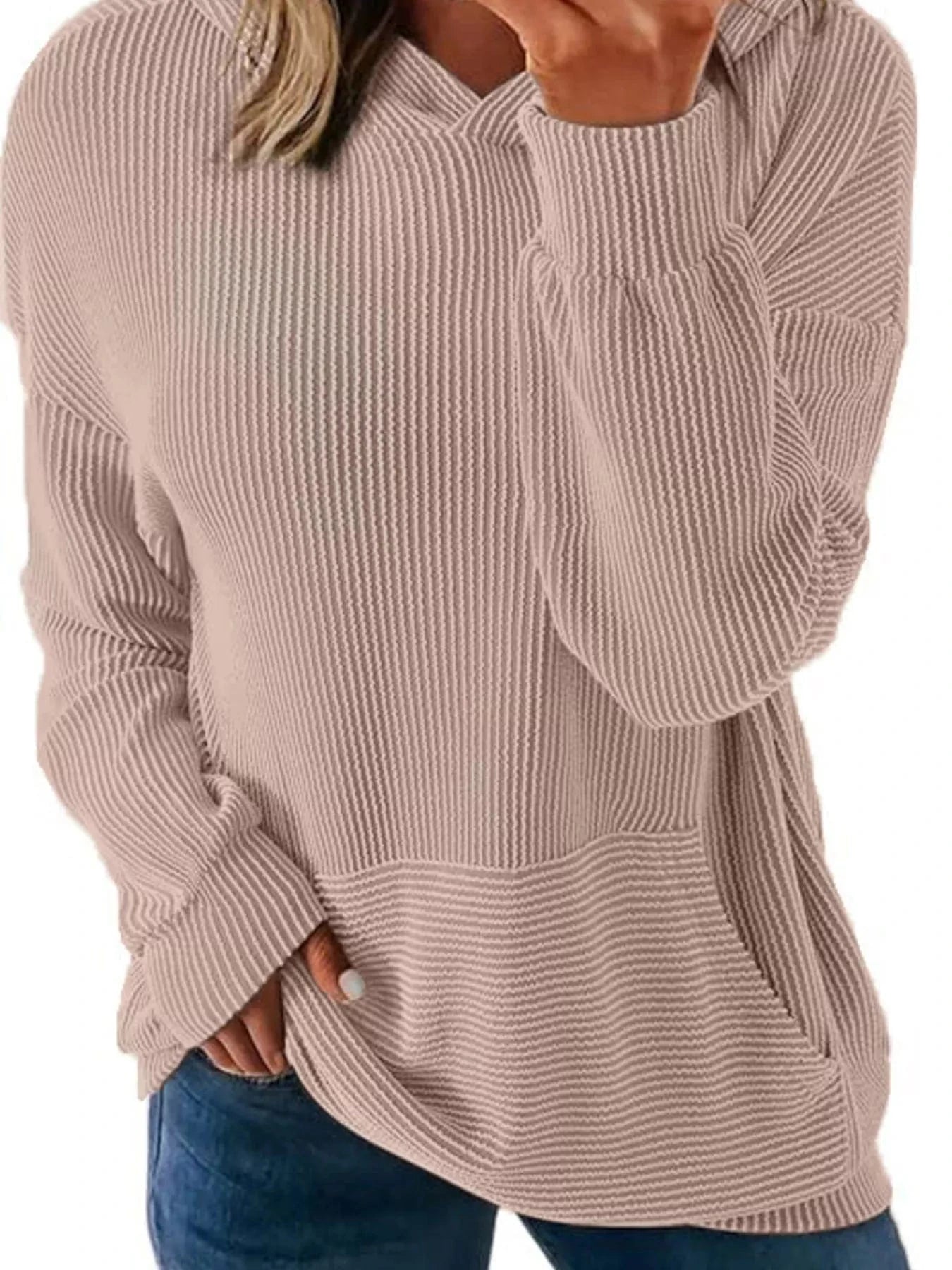 Ribbed Oversized Hoodie Sweatshirt with Pocket - Fashorio