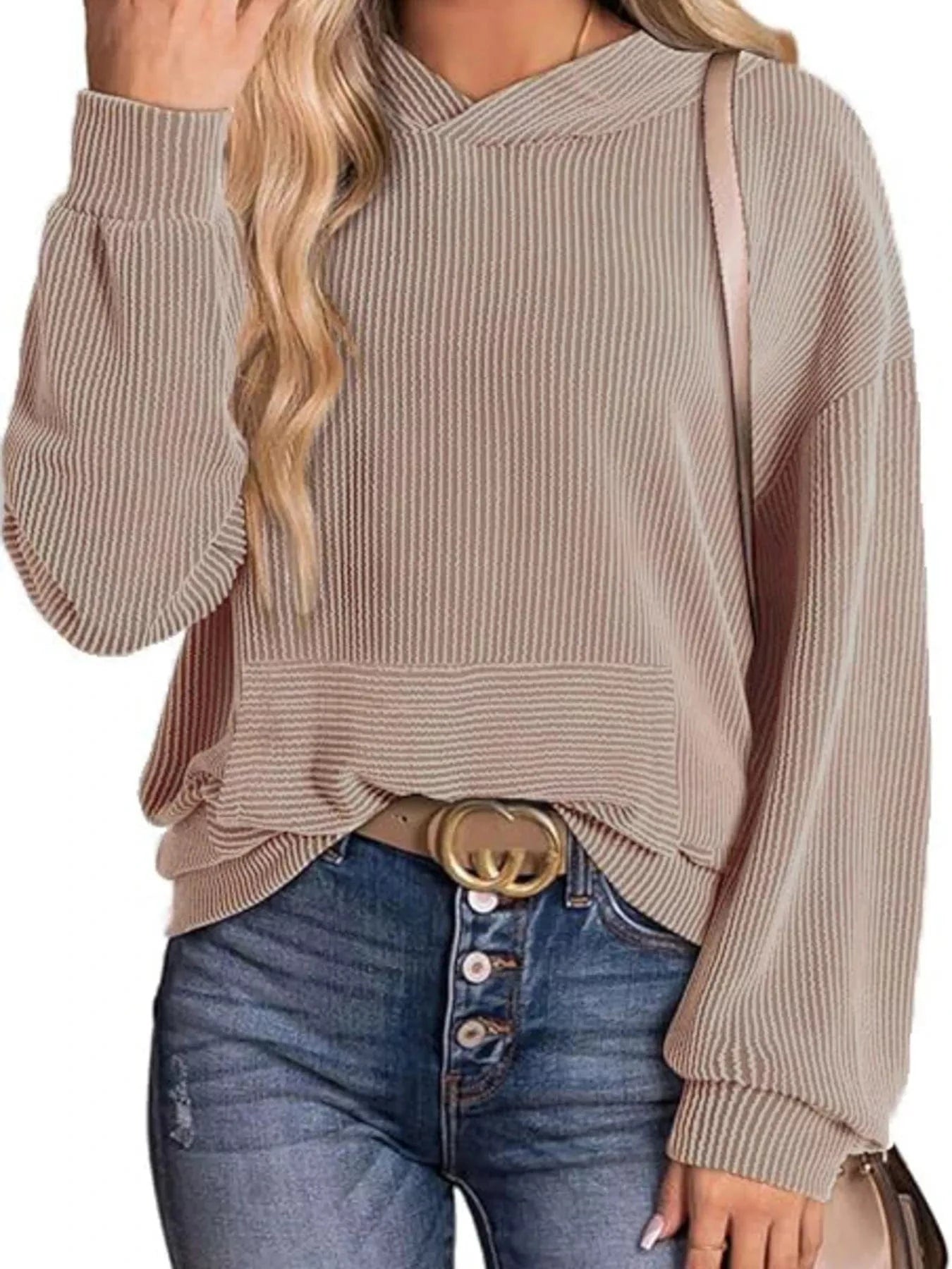 Ribbed Oversized Hoodie Sweatshirt with Pocket - Fashorio