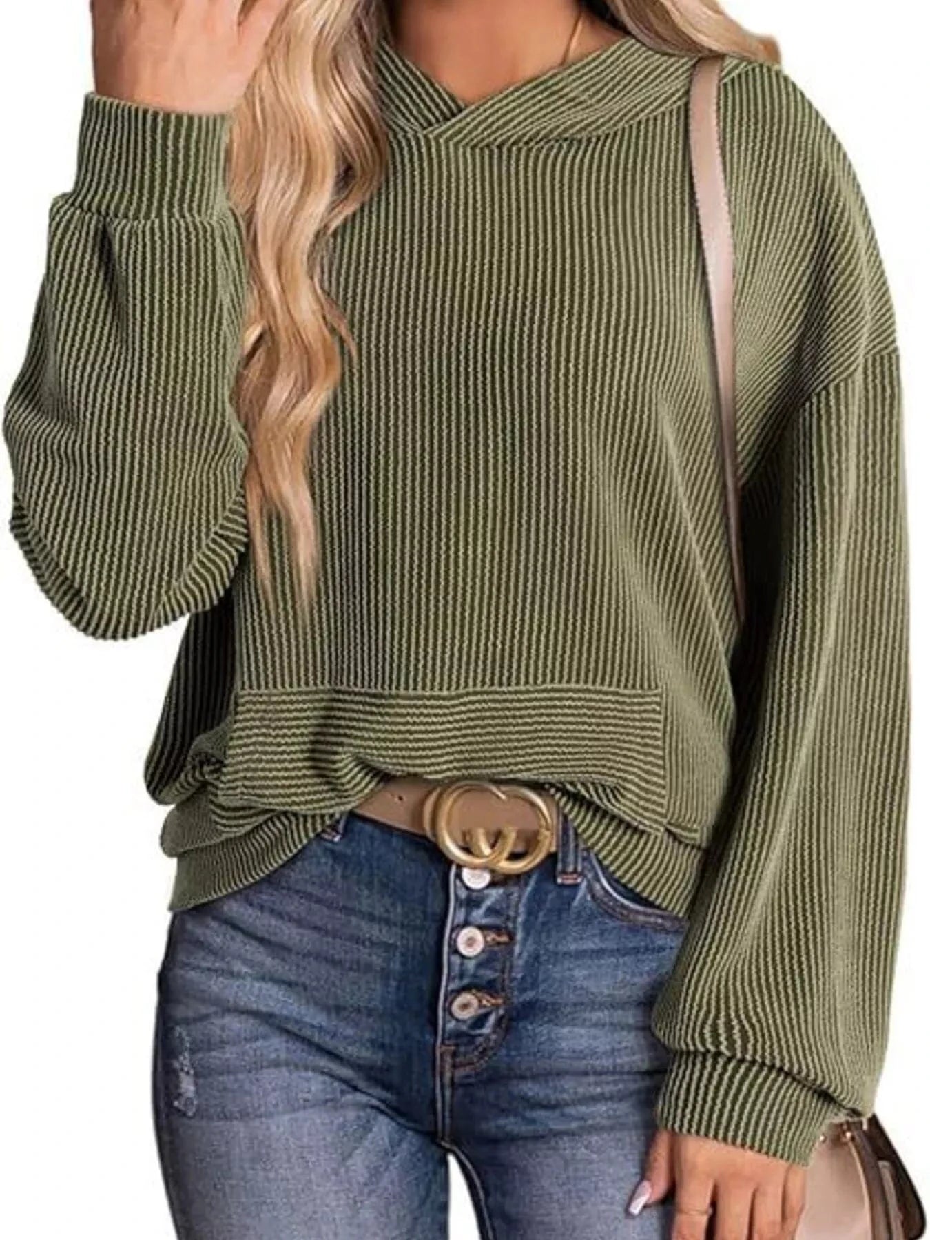 Ribbed Oversized Hoodie Sweatshirt with Pocket - Fashorio