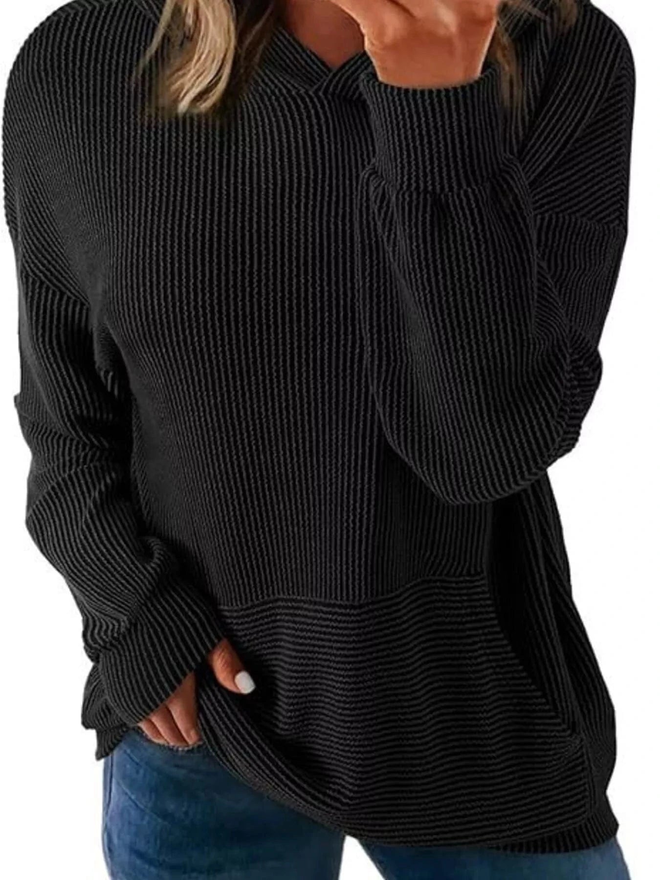 Ribbed Oversized Hoodie Sweatshirt with Pocket - Fashorio