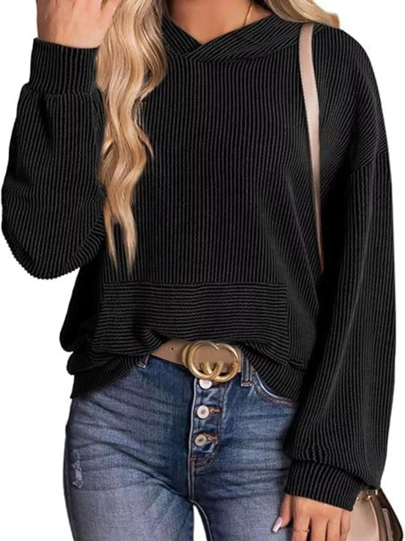 Ribbed Oversized Hoodie Sweatshirt with Pocket - Fashorio