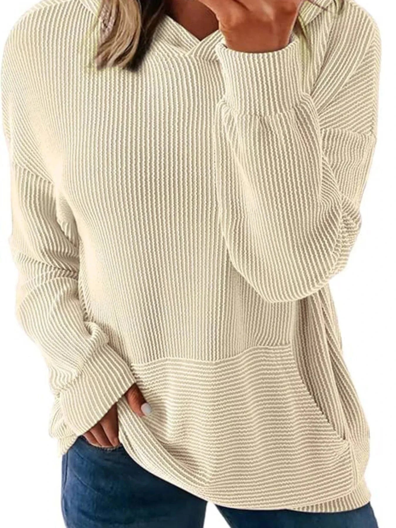 Ribbed Oversized Hoodie Sweatshirt with Pocket - Fashorio