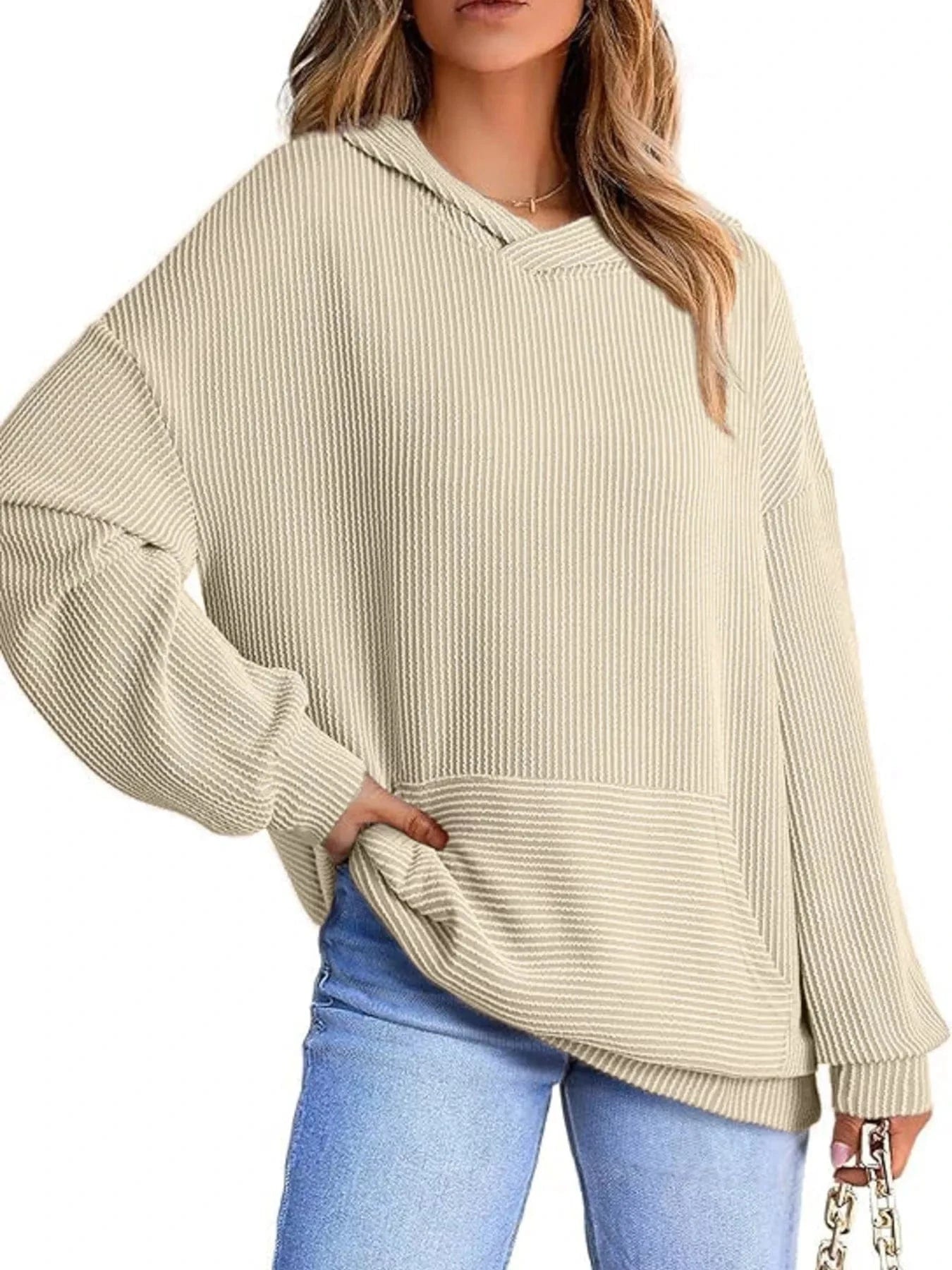 Ribbed Oversized Hoodie Sweatshirt with Pocket - Fashorio
