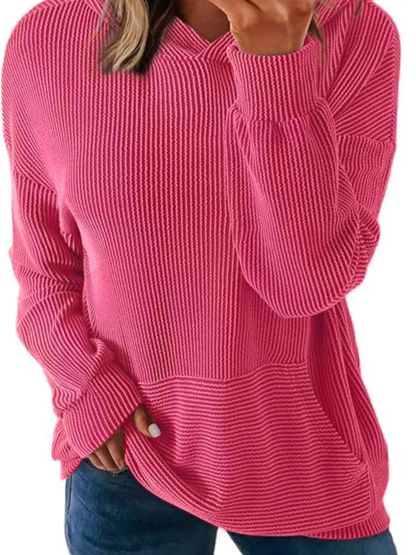 Ribbed Oversized Hoodie Sweatshirt with Pocket - Fashorio