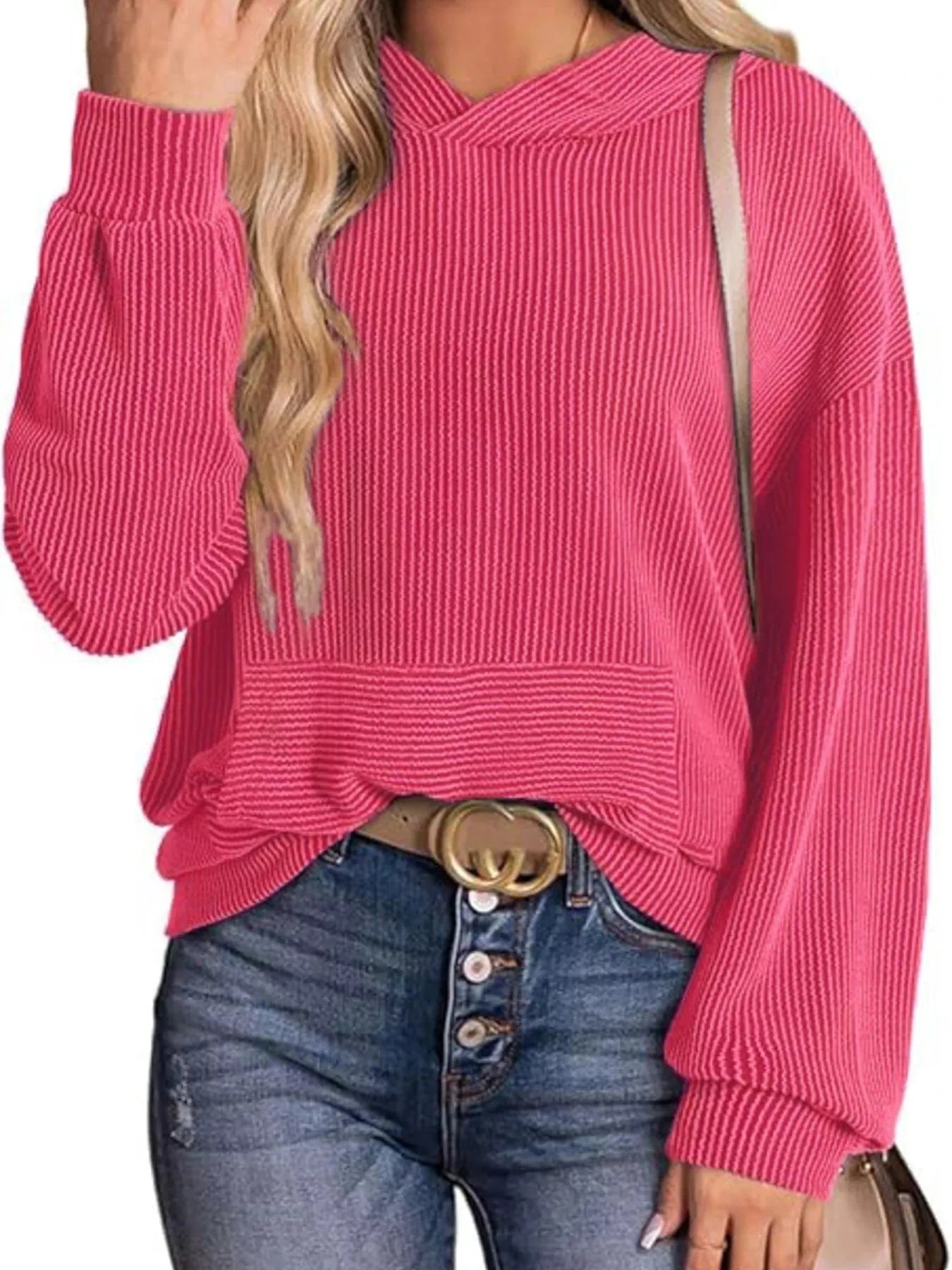 Ribbed Oversized Hoodie Sweatshirt with Pocket - Fashorio