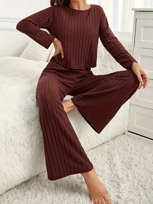 Fashorio Ribbed Round Neck Long Sleeve Top and Pants Lounge Set