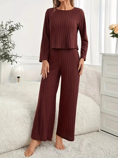 Fashorio Ribbed Round Neck Long Sleeve Top and Pants Lounge Set