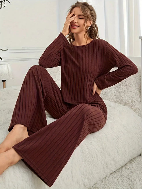 Fashorio Ribbed Round Neck Long Sleeve Top and Pants Lounge Set