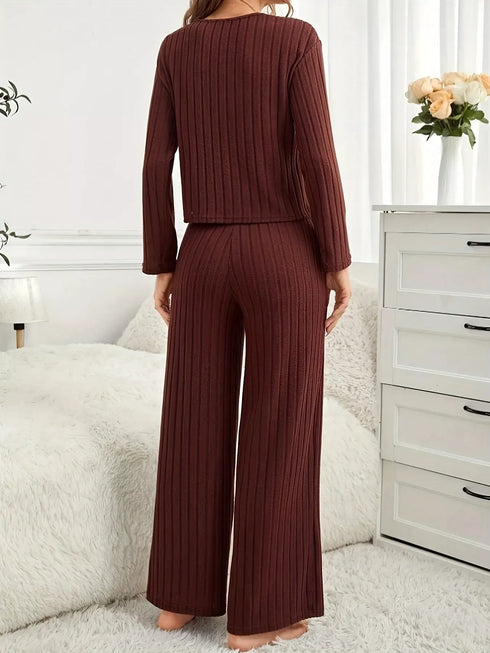 Fashorio Ribbed Round Neck Long Sleeve Top and Pants Lounge Set