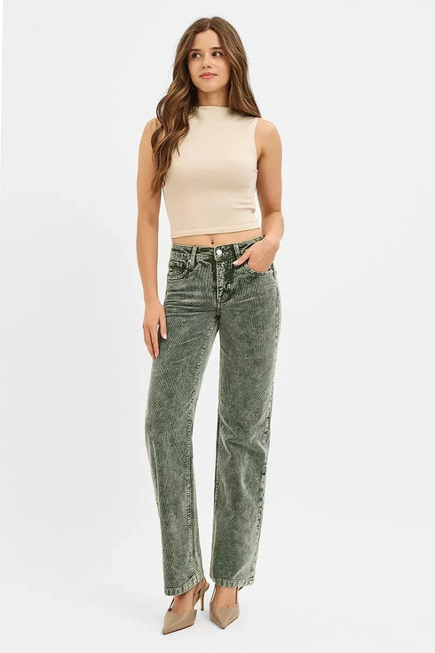 RISEN Tummy Control Mid Rise Straight Leg Corduroy Pants - Fashorio