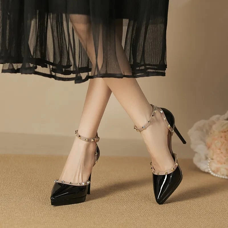Rivet Decor Ankle Strap Stiletto Pumps - Fashorio