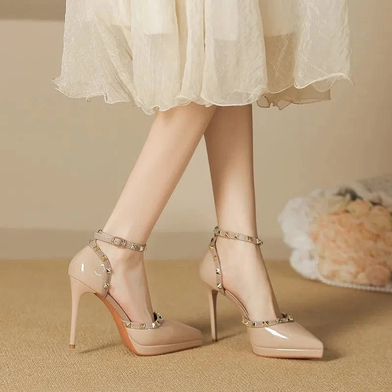 Rivet Decor Ankle Strap Stiletto Pumps - Fashorio