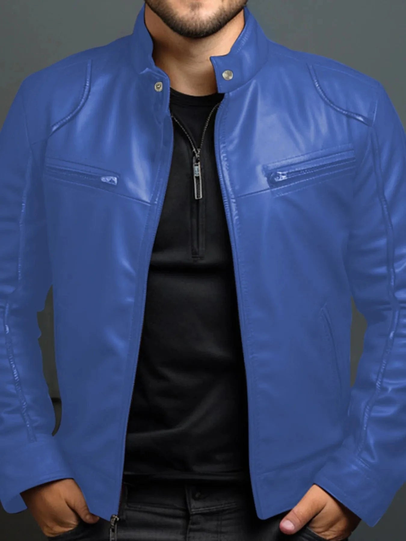 Men's Full Size Leather Motorcycle Jacket with Zipper Front Plus Size Royal Blue - Fashorio