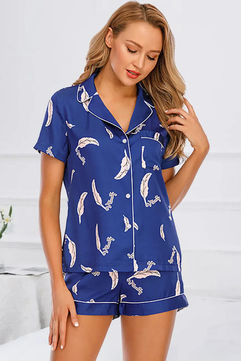 Fashorio Royal Blue / S Printed Button Up Short Sleeve Top and Shorts Lounge Set