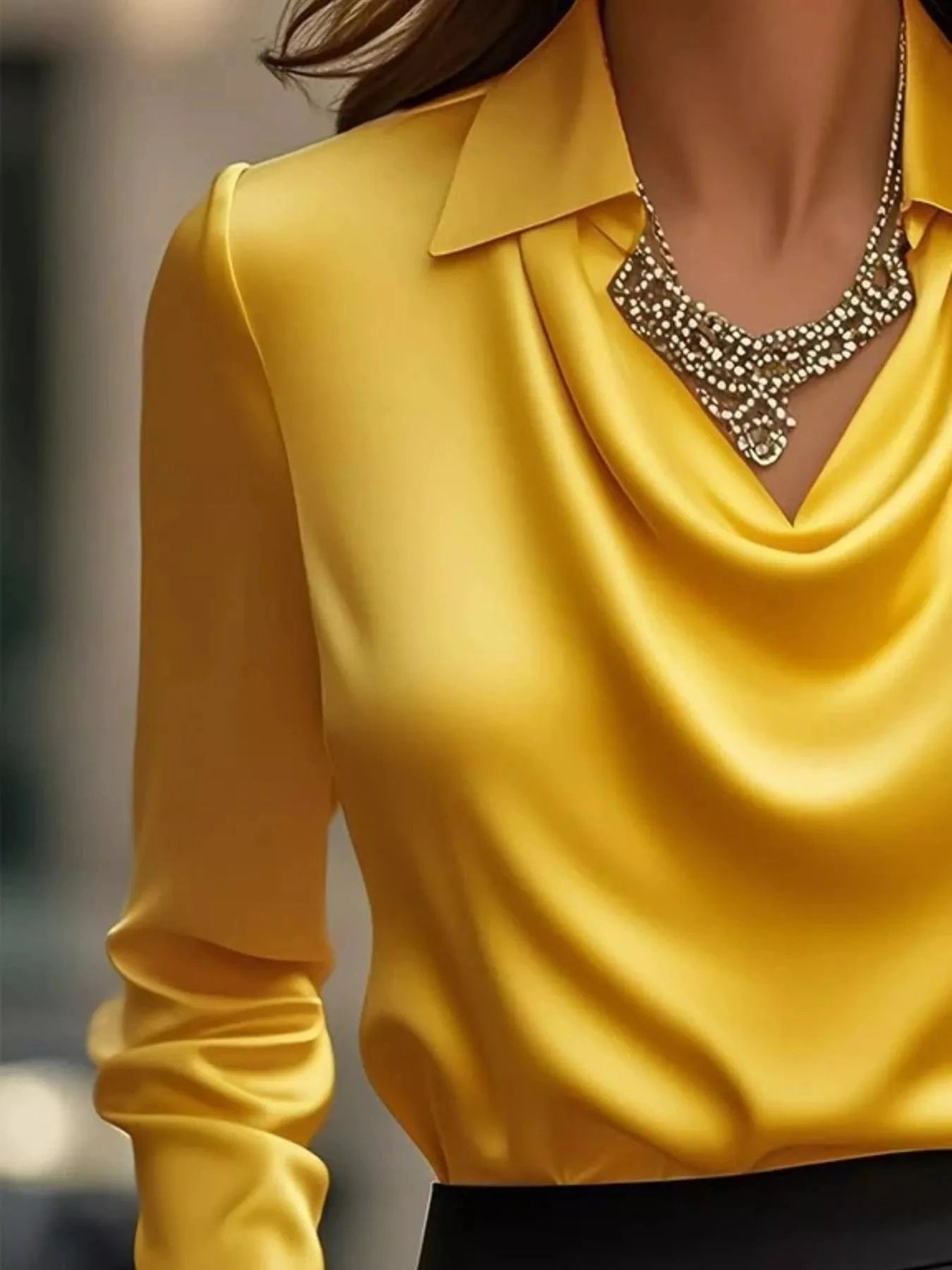 Ruched Long Sleeve Drape Collar Blouse - Fashorio