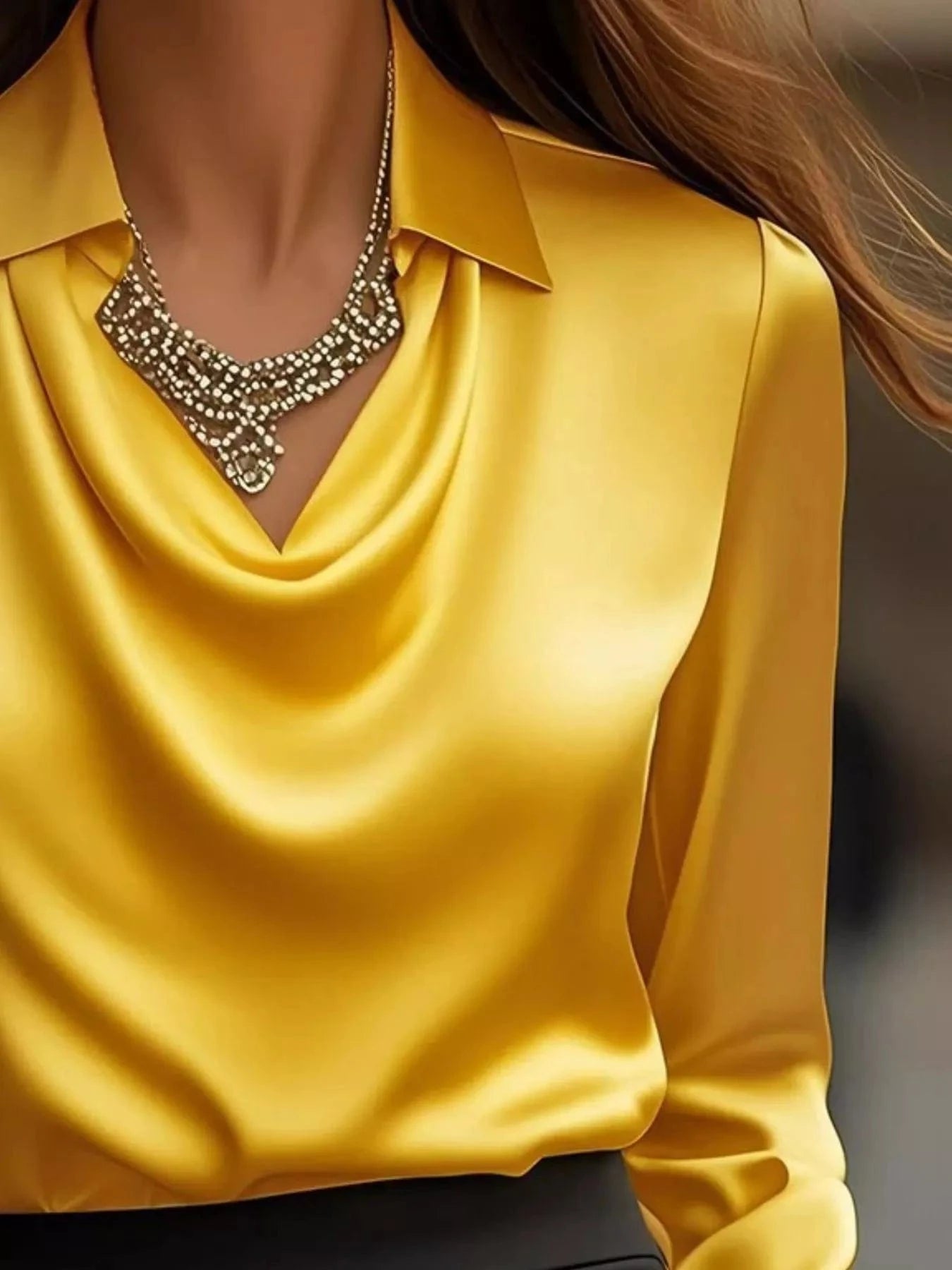 Ruched Long Sleeve Drape Collar Blouse - Fashorio