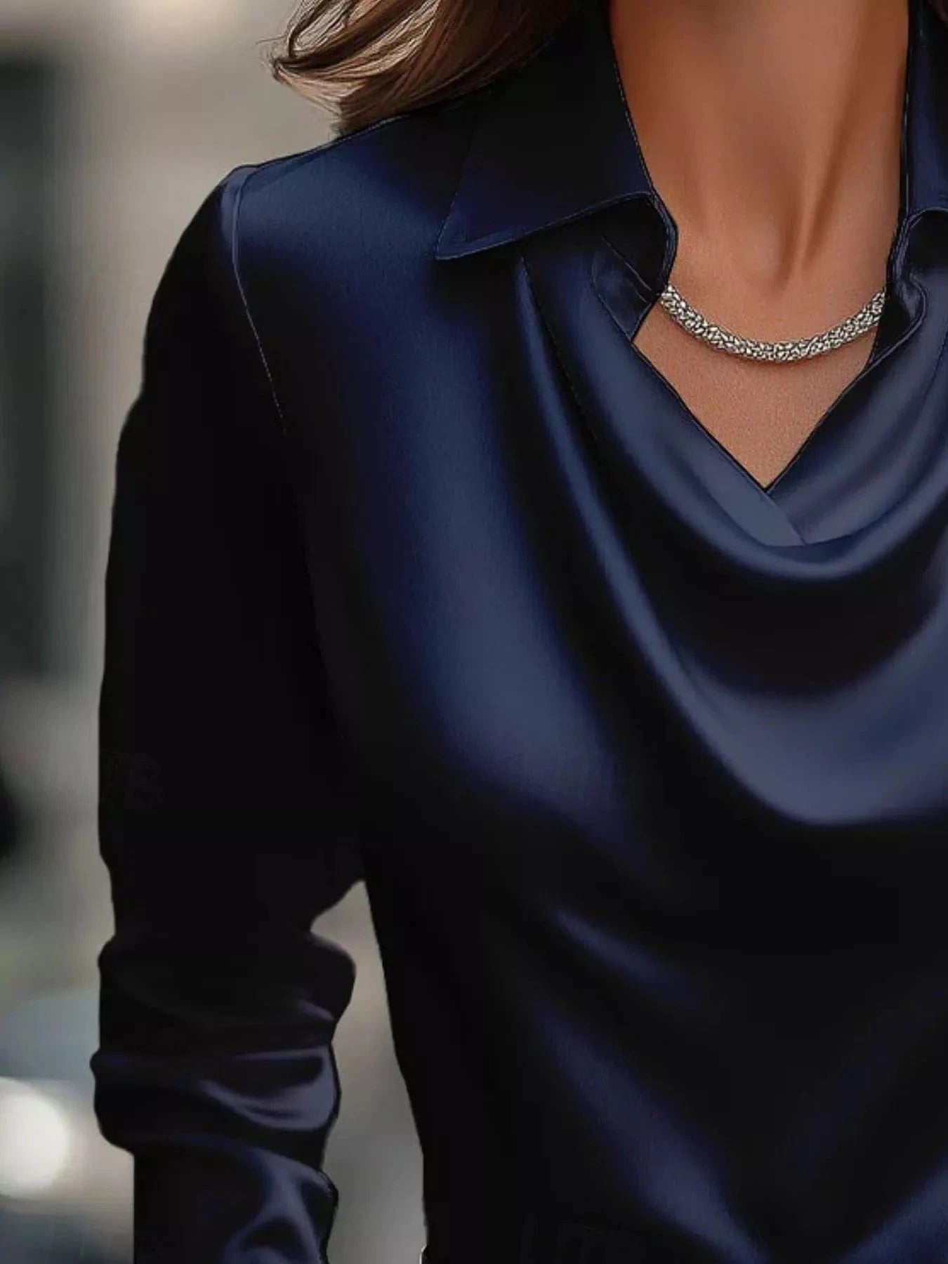 Ruched Long Sleeve Drape Collar Blouse - Fashorio