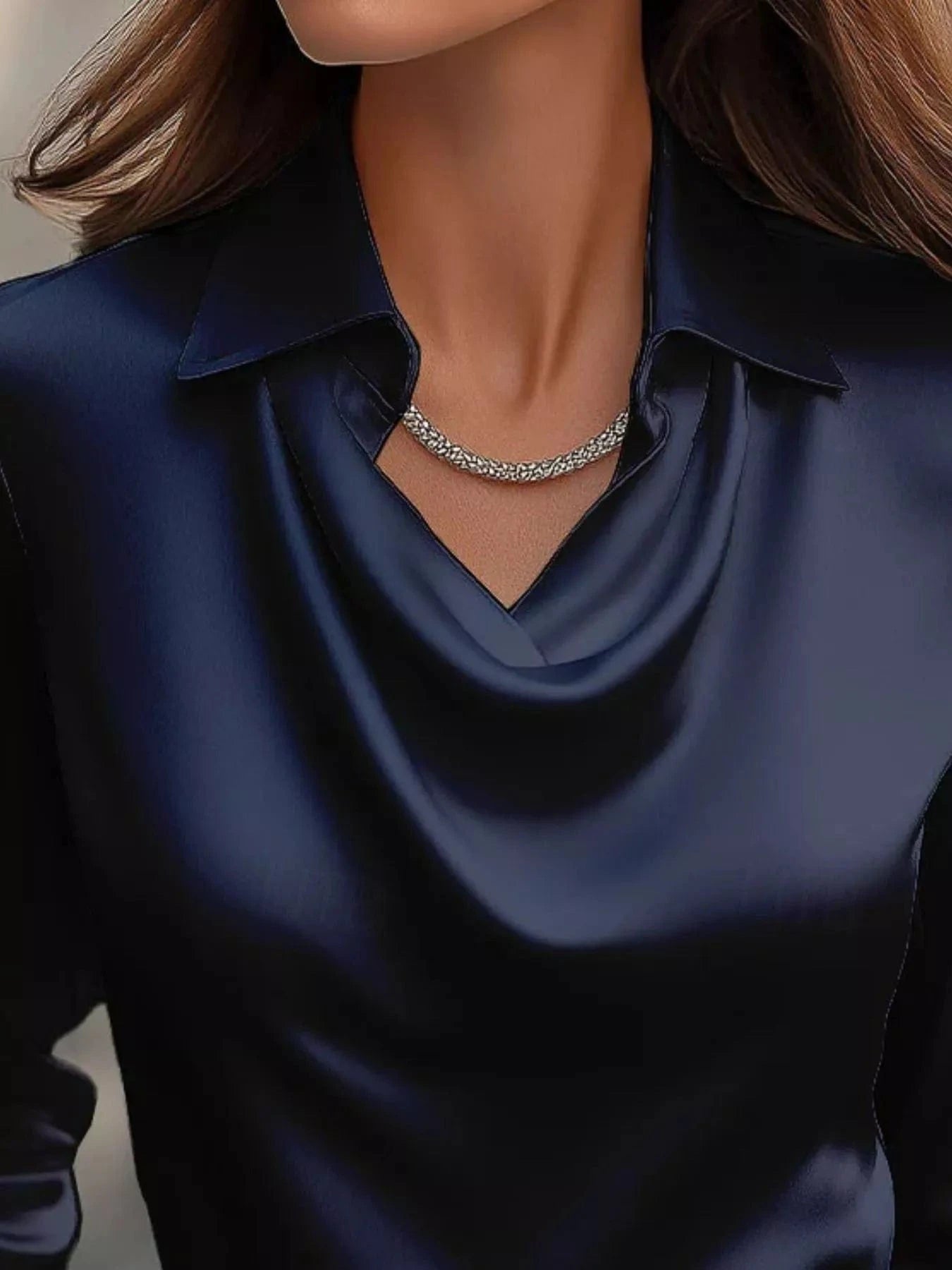 Ruched Long Sleeve Drape Collar Blouse - Fashorio