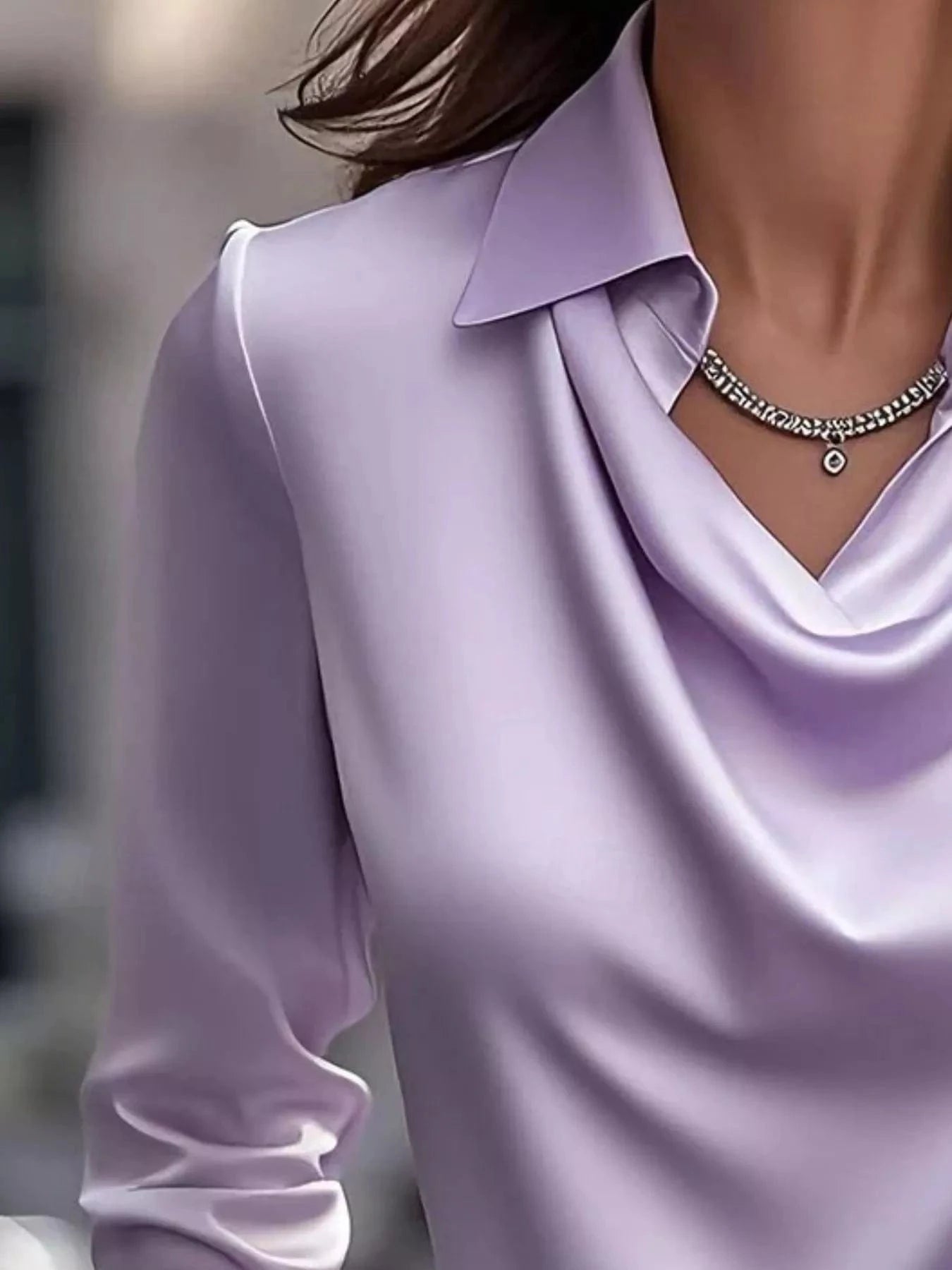Ruched Long Sleeve Drape Collar Blouse - Fashorio