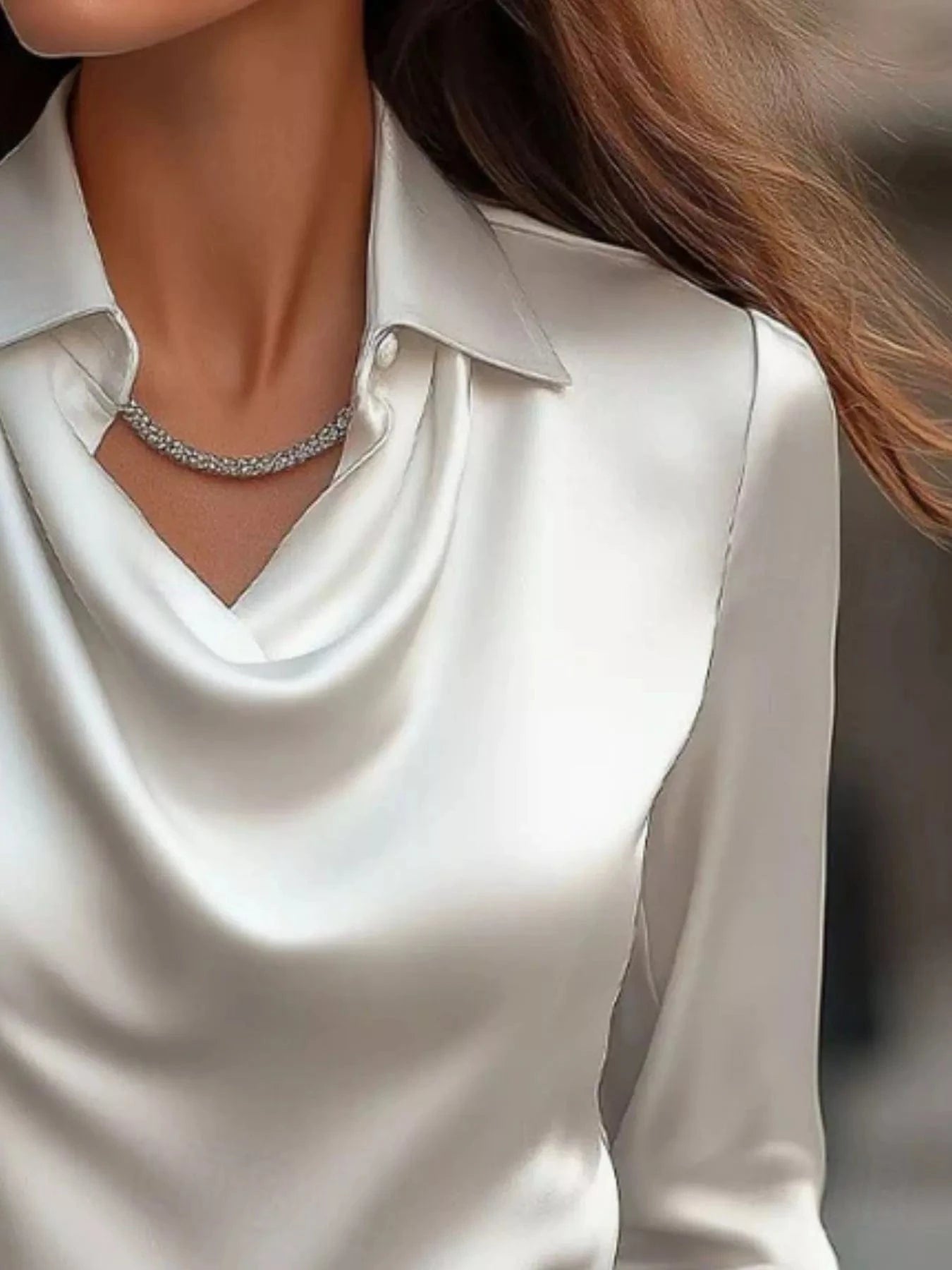 Ruched Long Sleeve Drape Collar Blouse - Fashorio