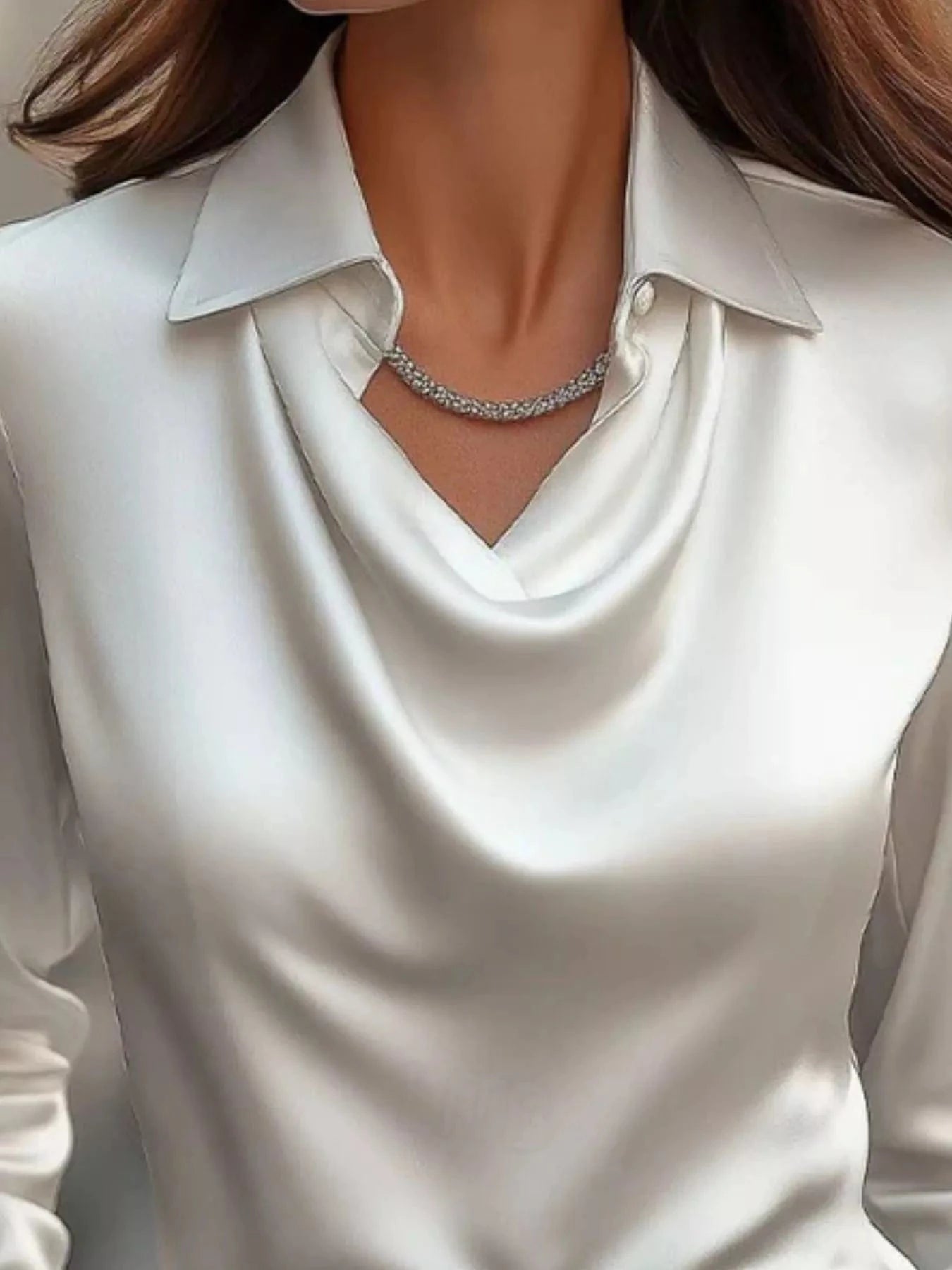 Ruched Long Sleeve Drape Collar Blouse - Fashorio