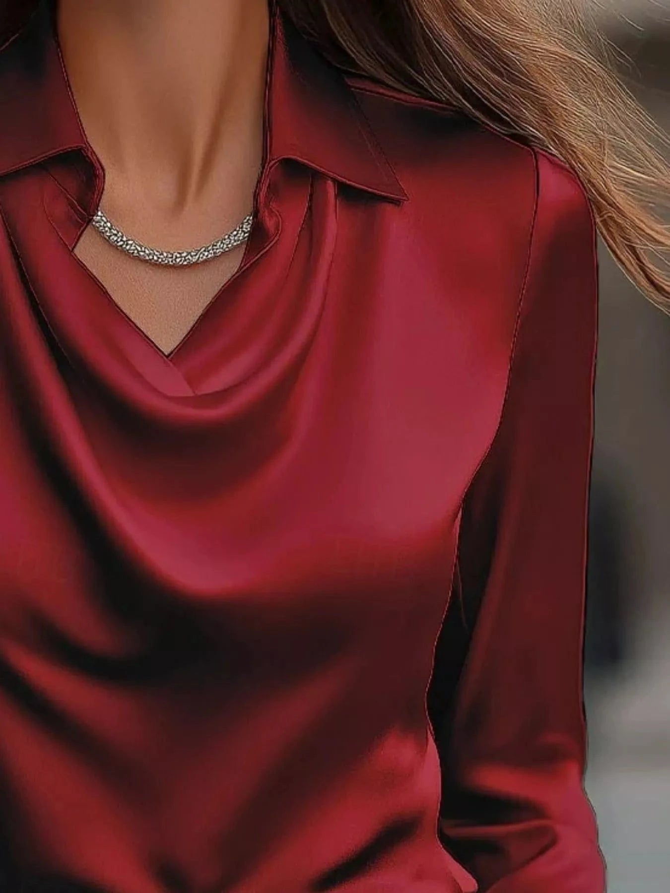 Ruched Long Sleeve Drape Collar Blouse - Fashorio