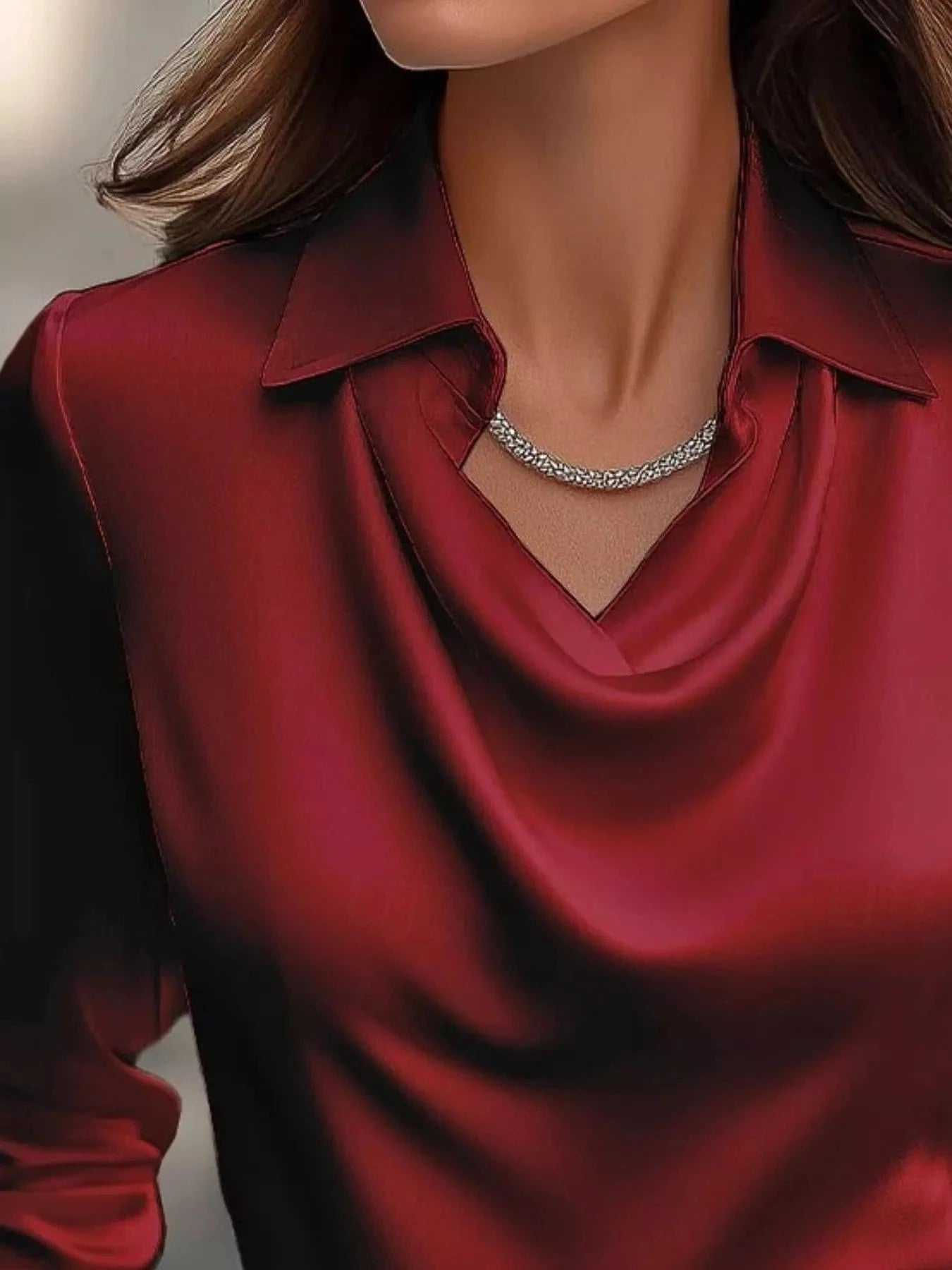 Ruched Long Sleeve Drape Collar Blouse - Fashorio