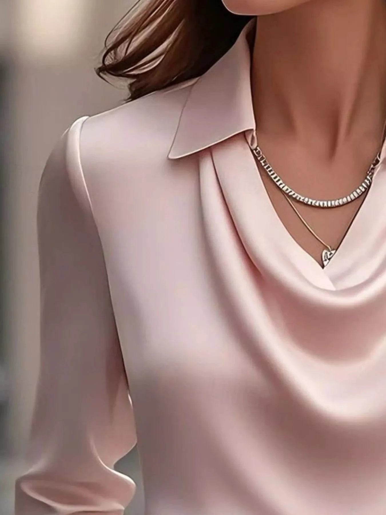 Ruched Long Sleeve Drape Collar Blouse - Fashorio