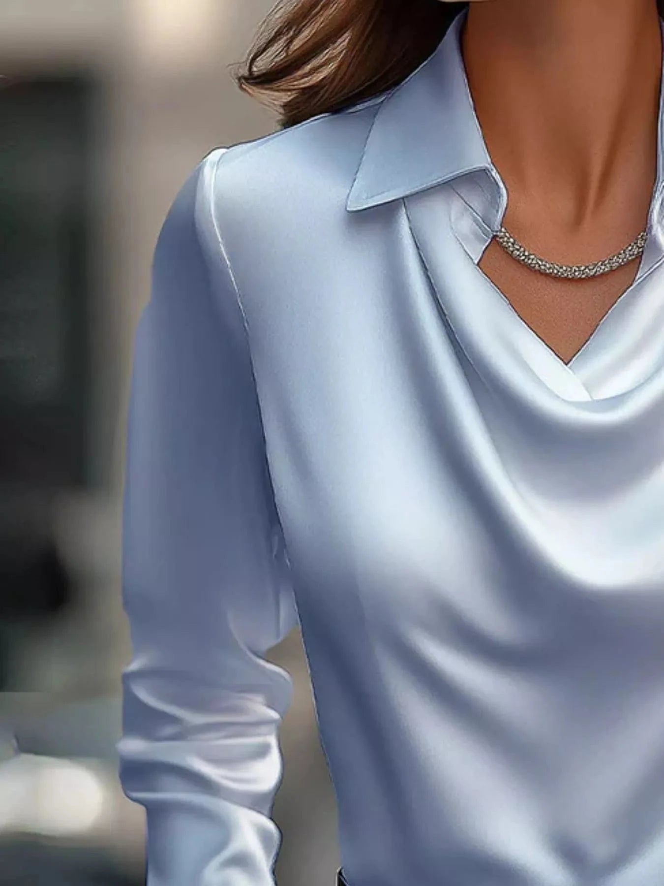 Ruched Long Sleeve Drape Collar Blouse - Fashorio