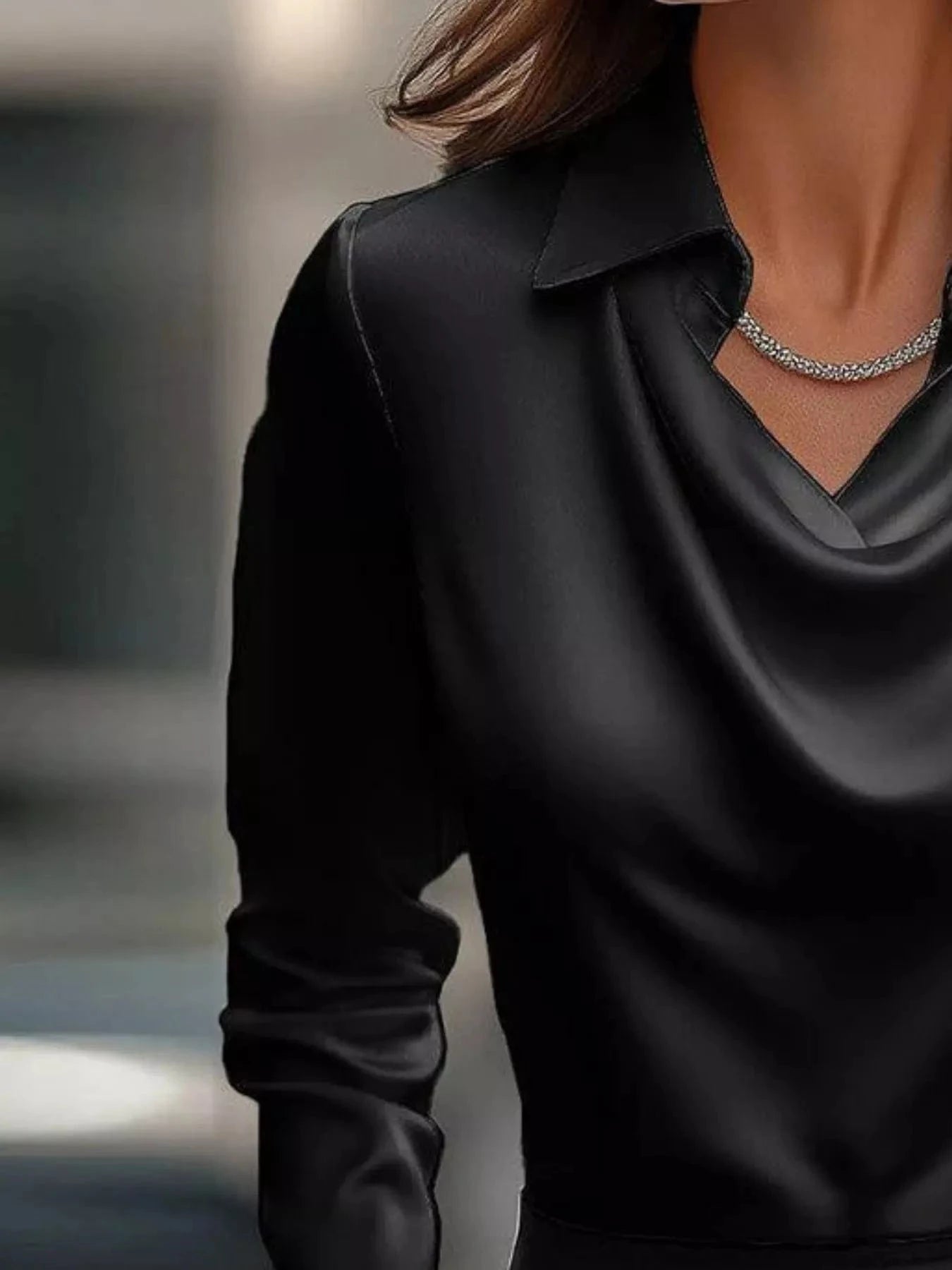 Ruched Long Sleeve Drape Collar Blouse - Fashorio