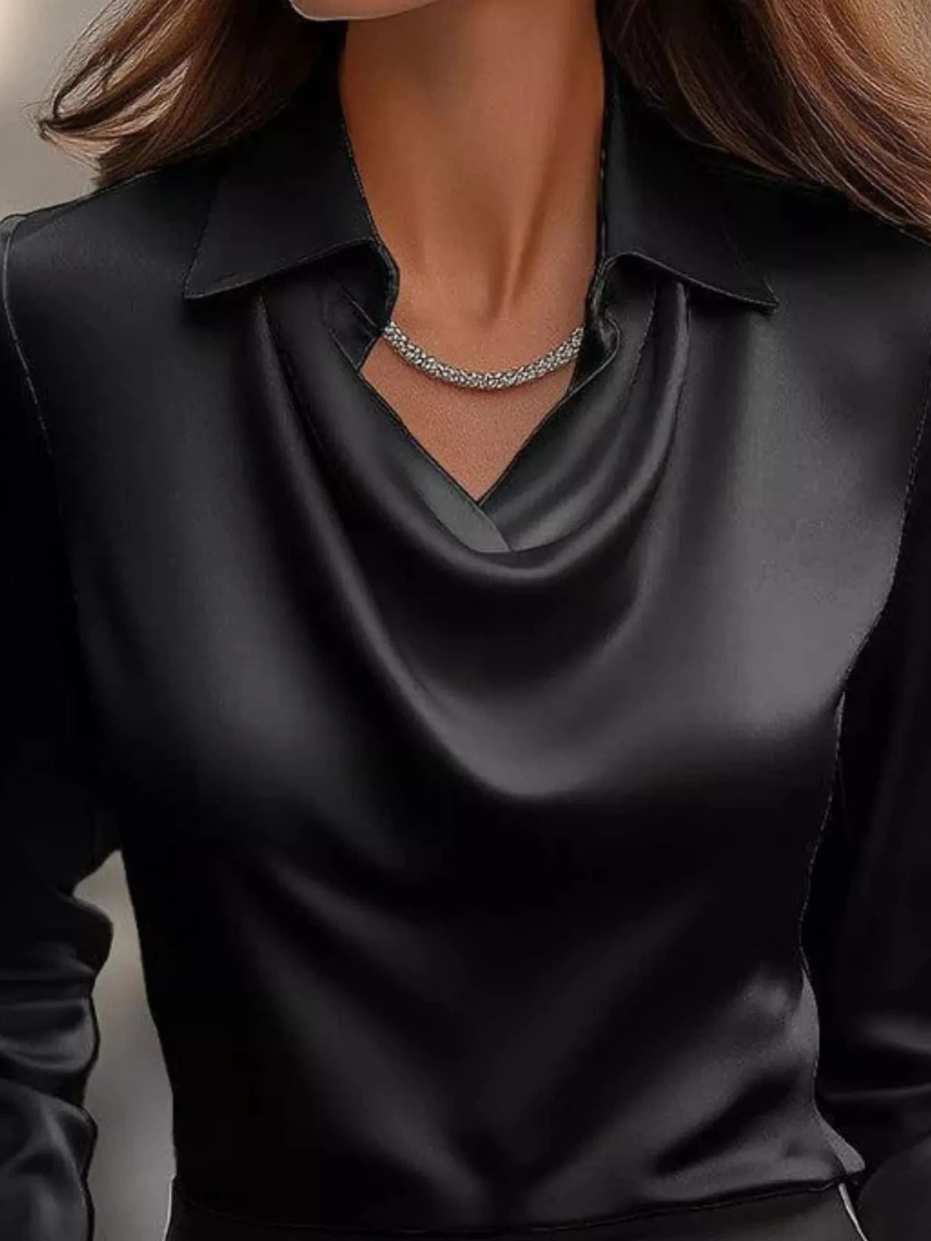 Ruched Long Sleeve Drape Collar Blouse - Fashorio