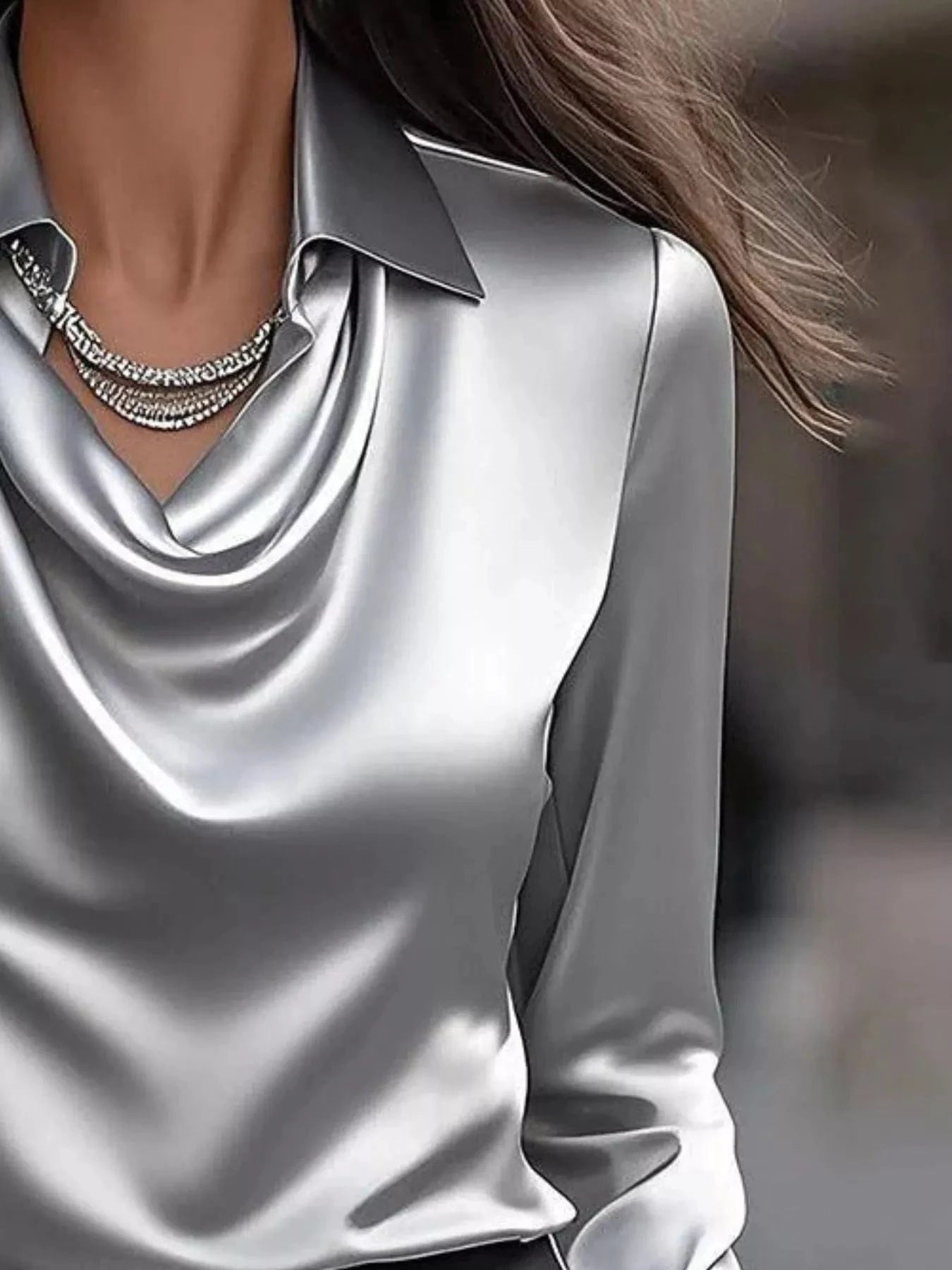 Ruched Long Sleeve Drape Collar Blouse - Fashorio