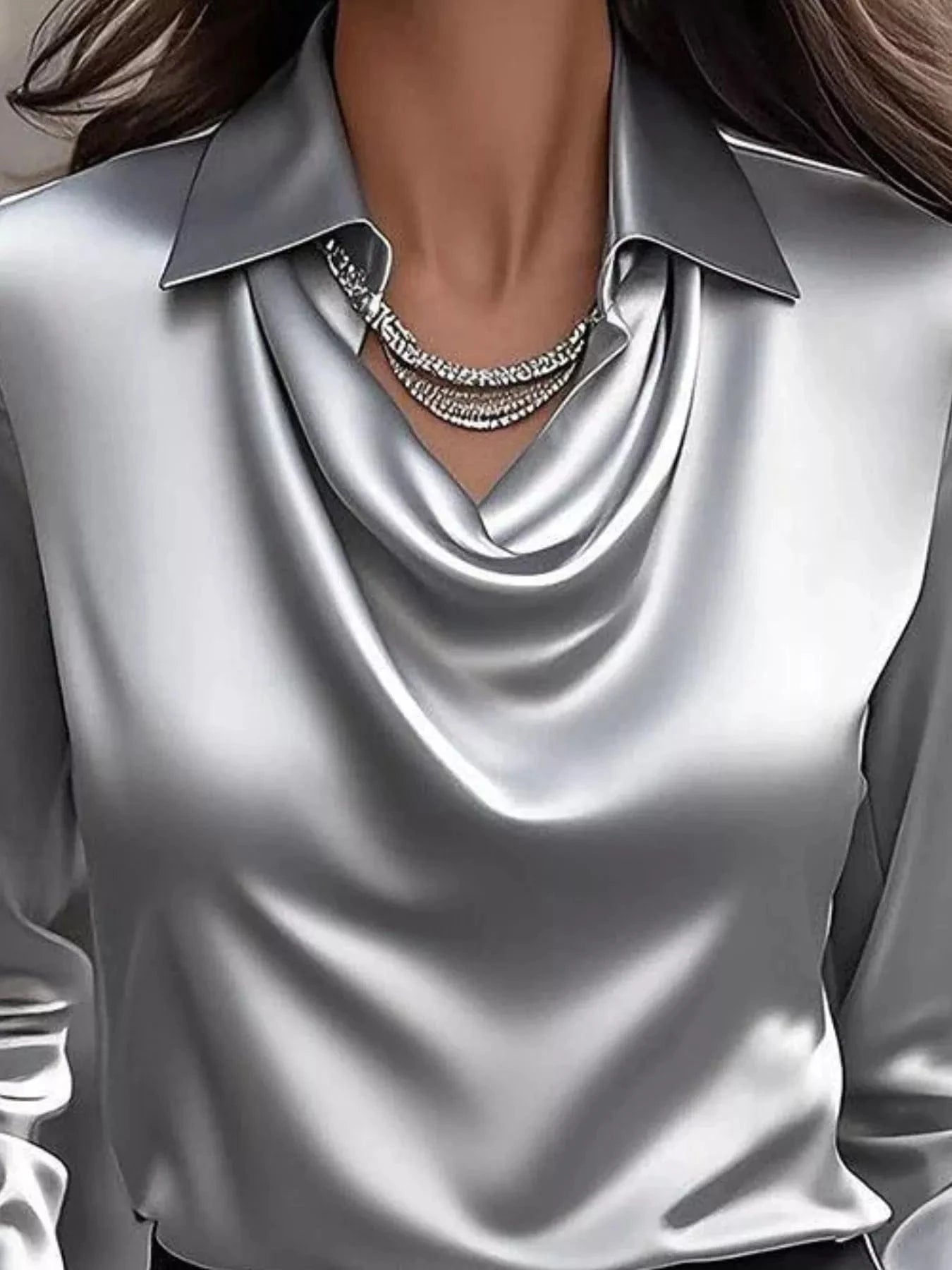 Ruched Long Sleeve Drape Collar Blouse - Fashorio