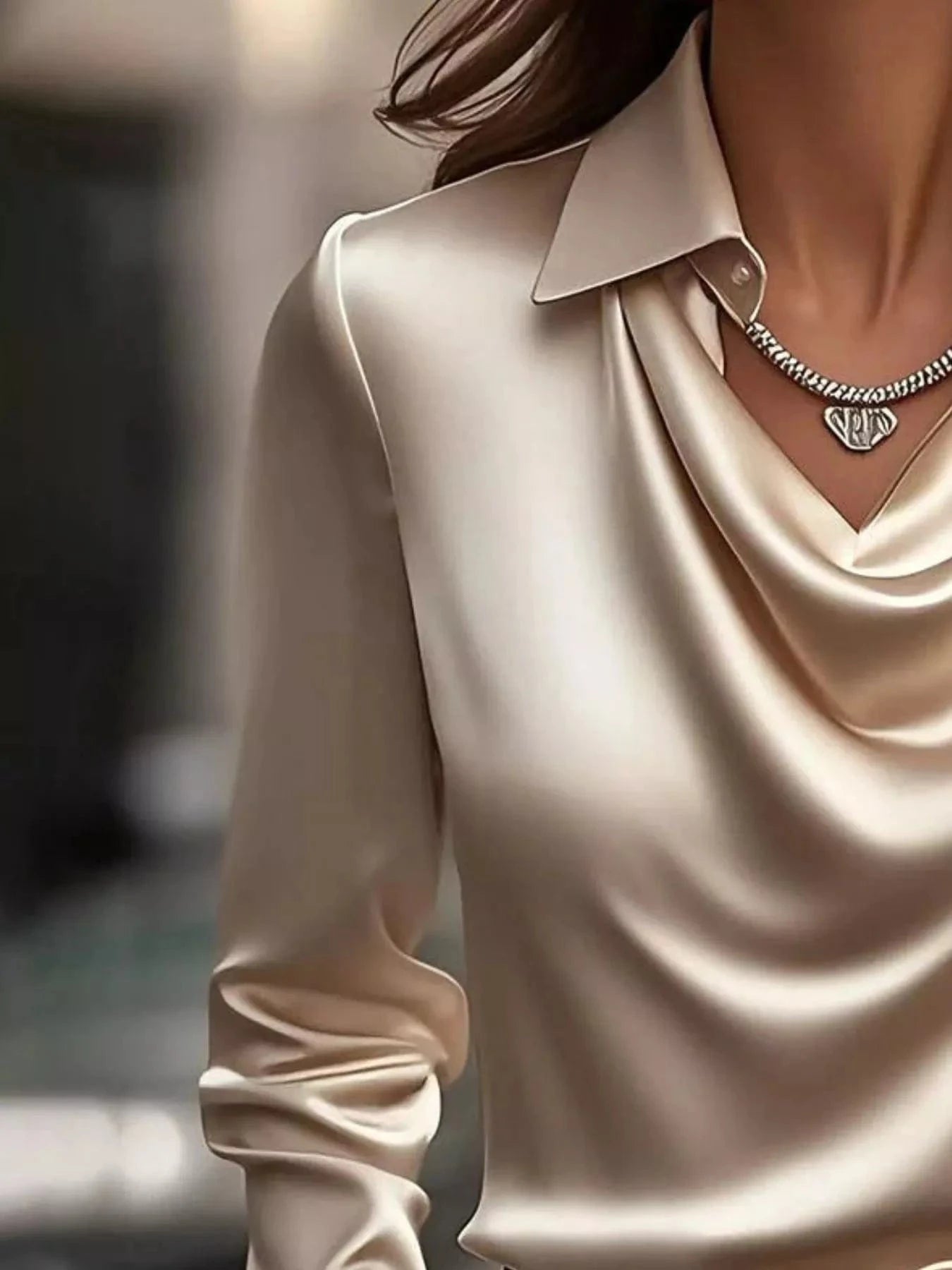 Ruched Long Sleeve Drape Collar Blouse - Fashorio
