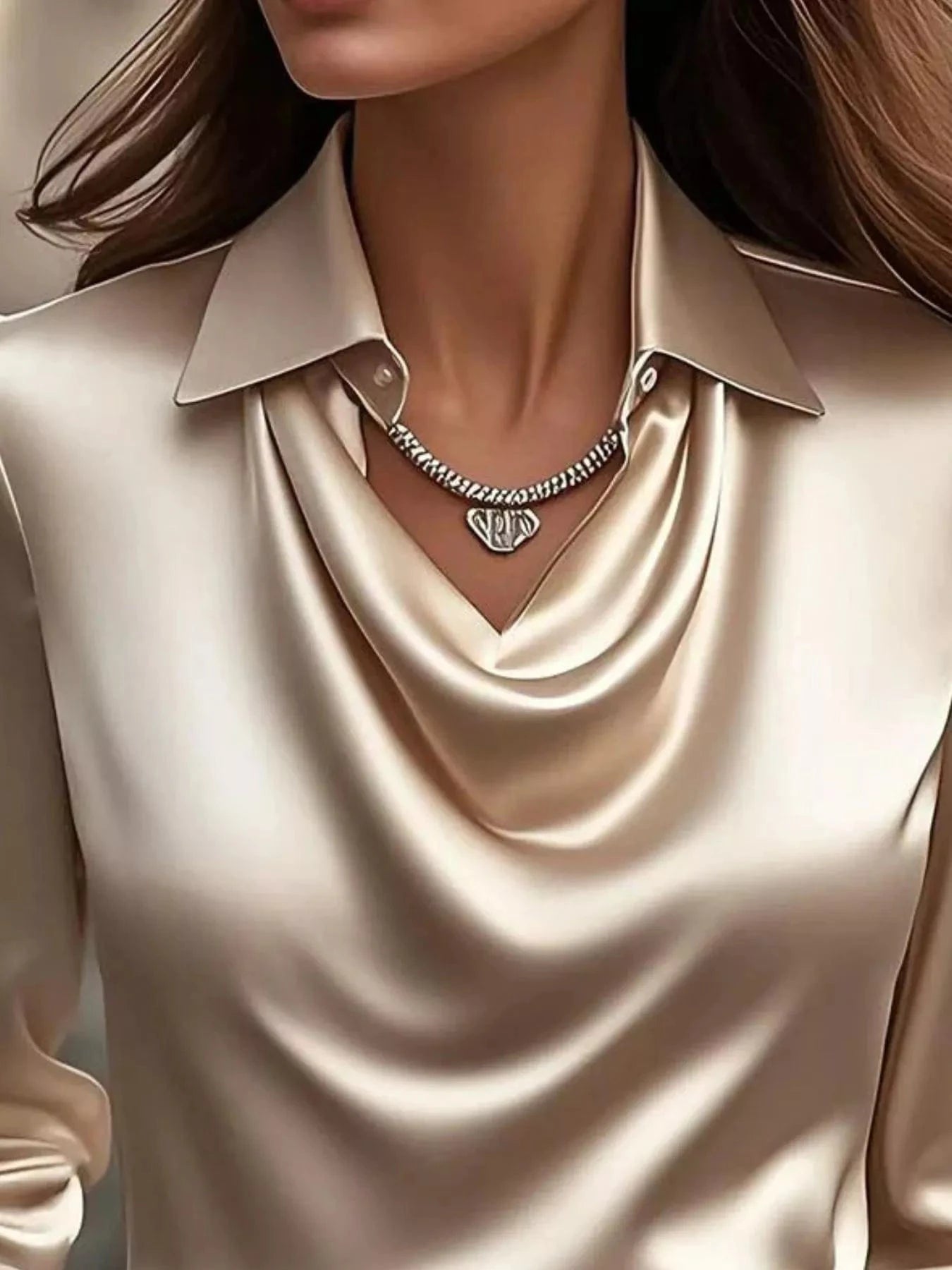 Ruched Long Sleeve Drape Collar Blouse - Fashorio