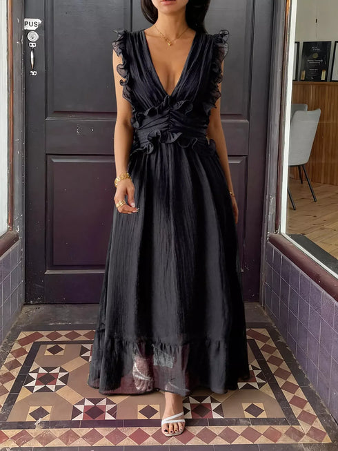 Fashorio Ruffle Trim Deep V-Neck Maxi Dress