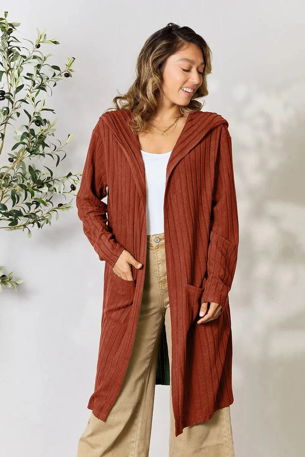 Basic Bae Full Size Hooded Sweater Cardigan Rust - Fashorio