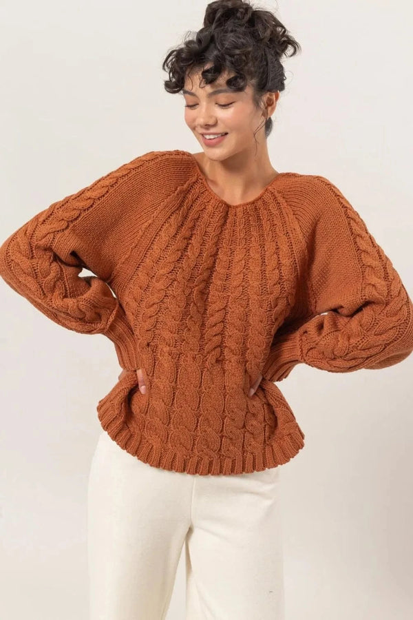 HYFVE Cable-Knit Round Neck Raglan Sleeve Sweater Rust - Fashorio