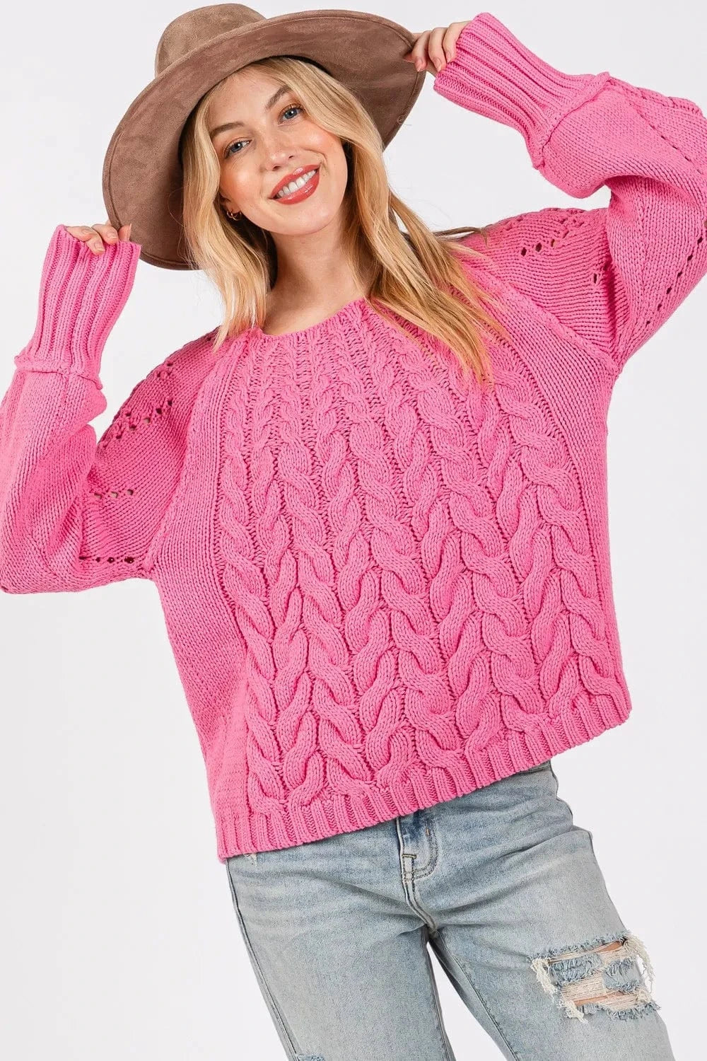SAGE + FIG Cable-Knit Long Sleeve Sweater - Fashorio