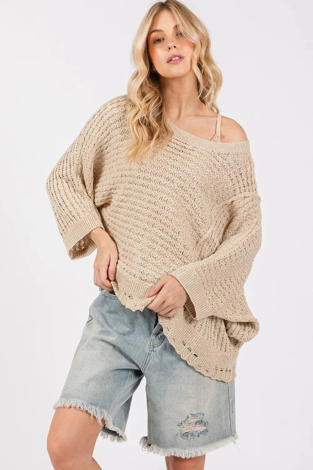 SAGE + FIG Distressed Asymmetrical Open Stitch Sweater - Fashorio