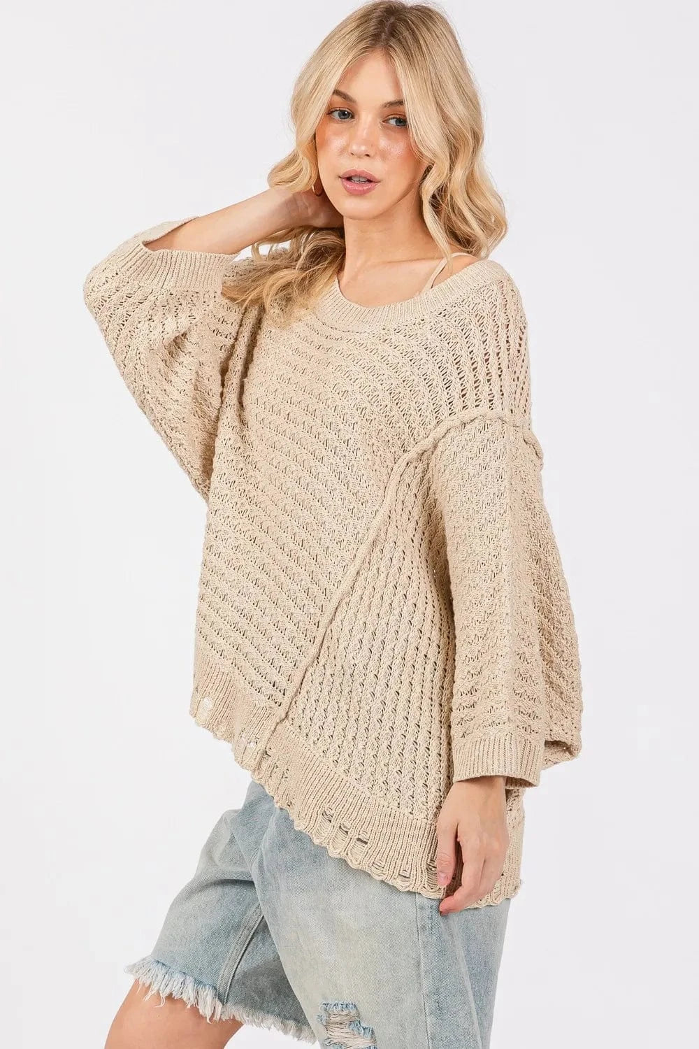 SAGE + FIG Distressed Asymmetrical Open Stitch Sweater - Fashorio