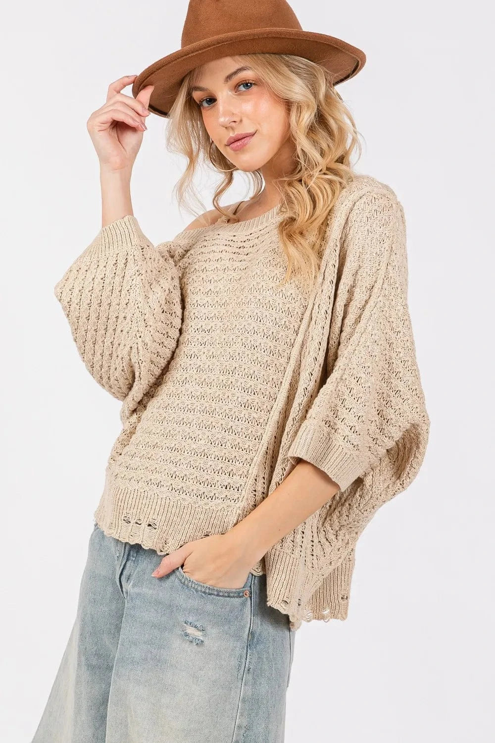 SAGE + FIG Distressed Asymmetrical Open Stitch Sweater - Fashorio