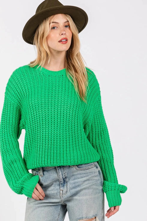 SAGE + FIG Round Neck Drop Shoulder Sweater - Fashorio