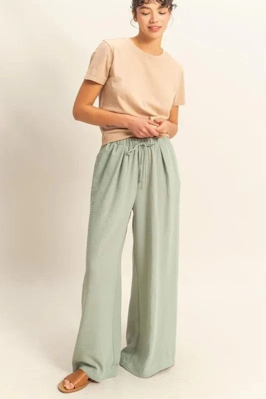 HYFVE Elasticized Waist Wide Leg Pants SAGE GREEN - Fashorio