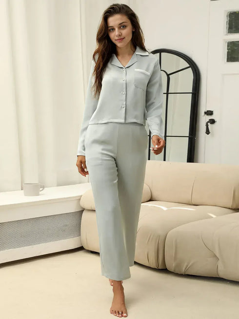 Fashorio Sage / M Collared Neck Long Sleeve Top and Pants Lounge Set
