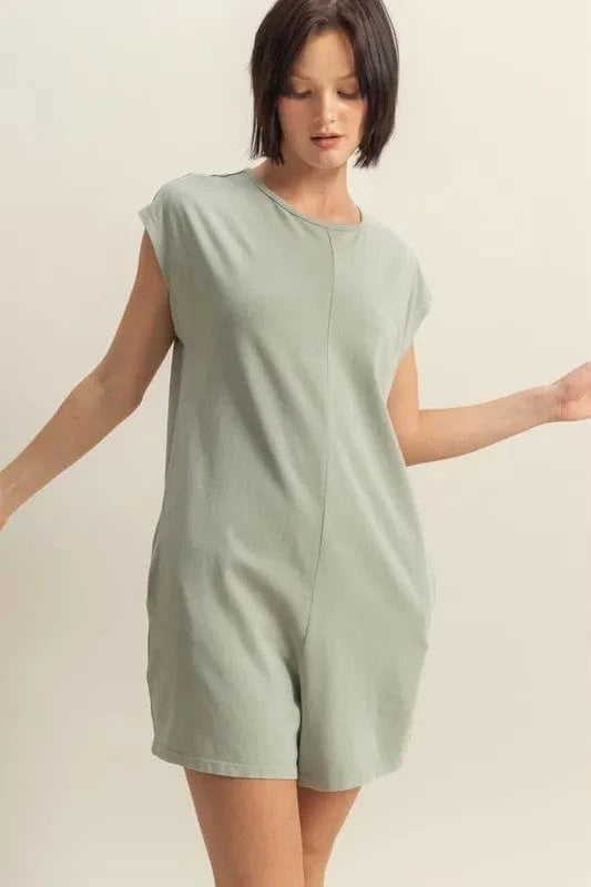 HYFVE Round Neck Cap Sleeve Relaxed Fit Breezy Romper Sage - Fashorio