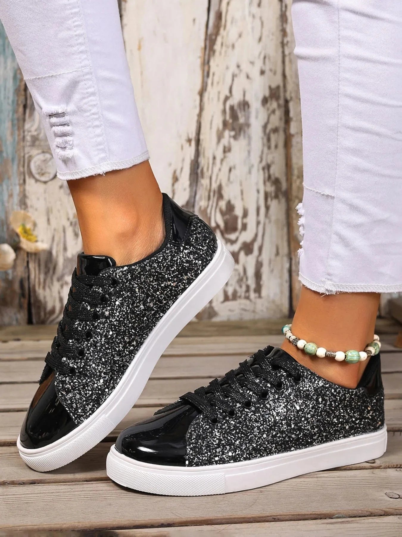Sequin Lace Up Sneakers - Fashorio