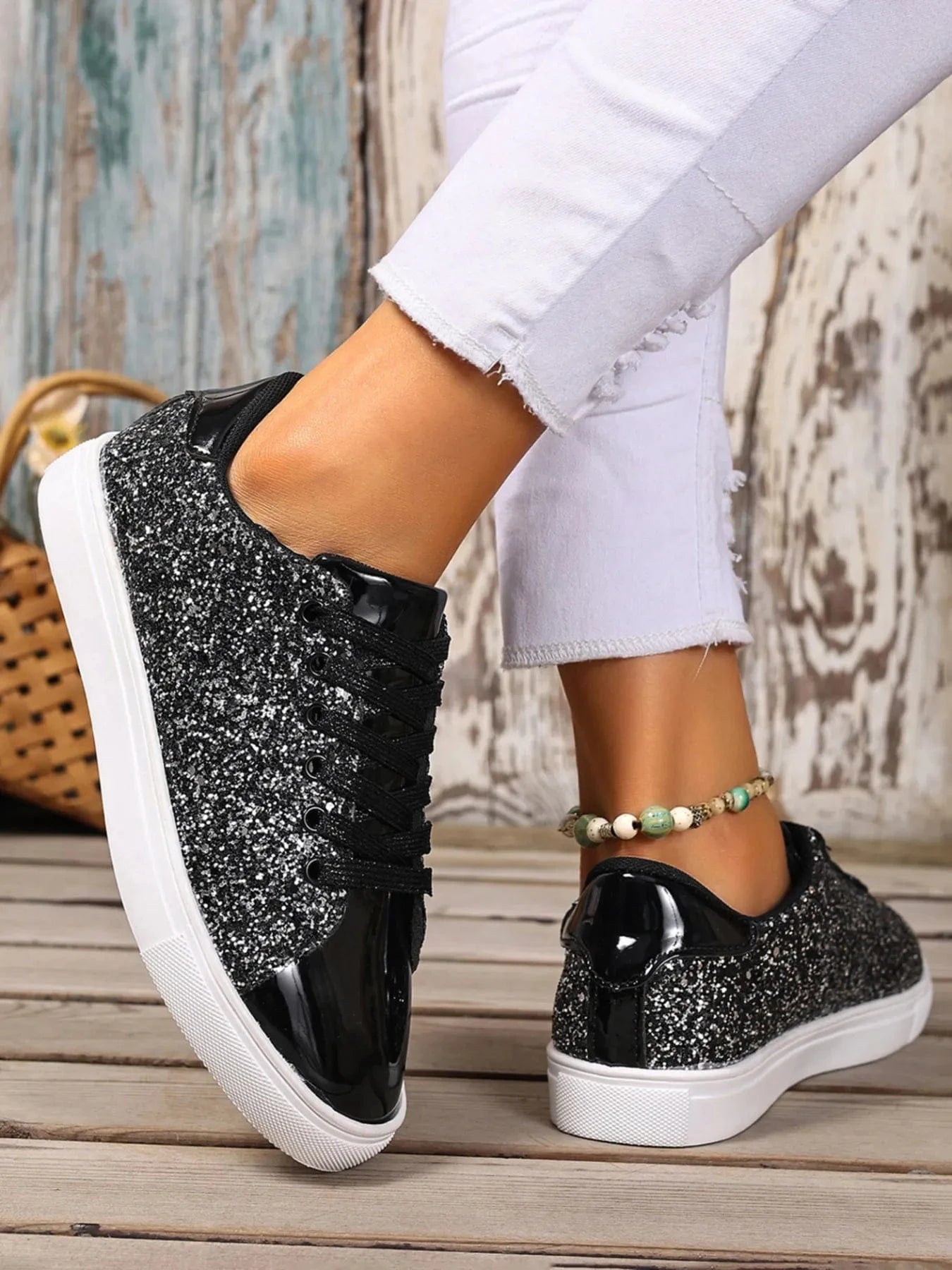 Sequin Lace Up Sneakers - Fashorio