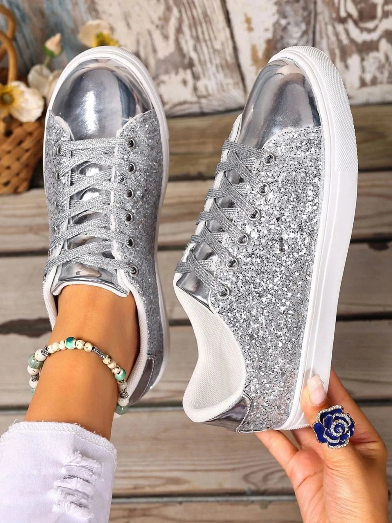 Sequin Lace Up Sneakers - Fashorio